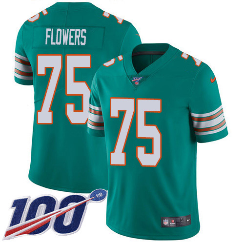 Miami Dolphins 75 Ereck Flowers Aqua Green Alternate Men Stitched NFL 100th Season Vapor Untouchable Limited Jersey